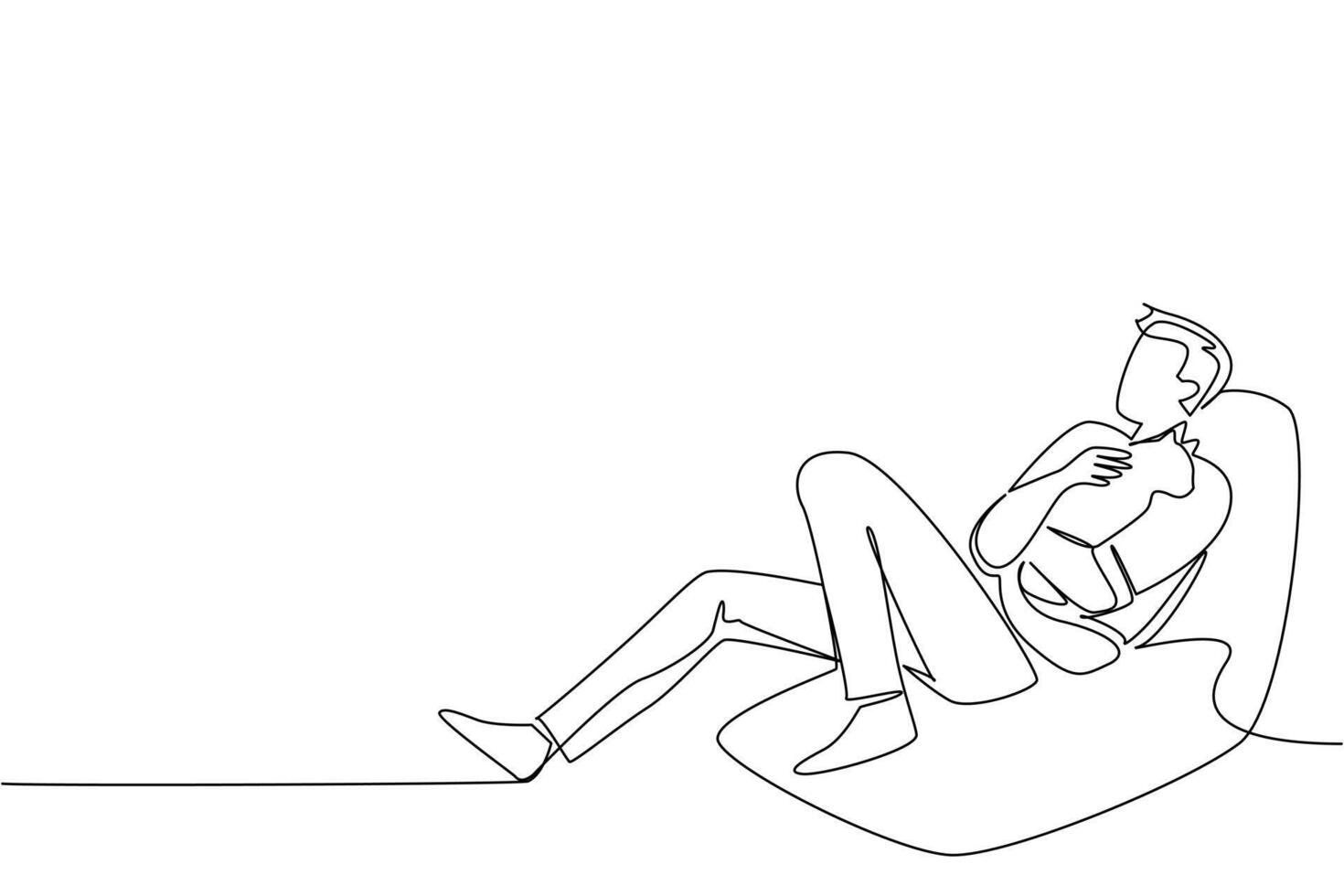 Continuous one line drawing a man in casual clothes sits on a sofa on the floor hugging a cat. Joke. Play. Relax. Happiness. International Hug Your Cat Day. Single line draw design vector