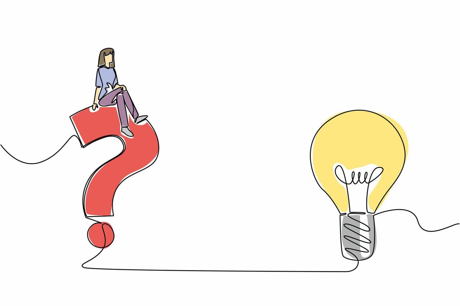 Continuous one line drawing a woman sitting on a big question mark symbol and a light bulb. Reliable analyst problem solver. Smart. National Creativity Day. Single line draw design illustration vector