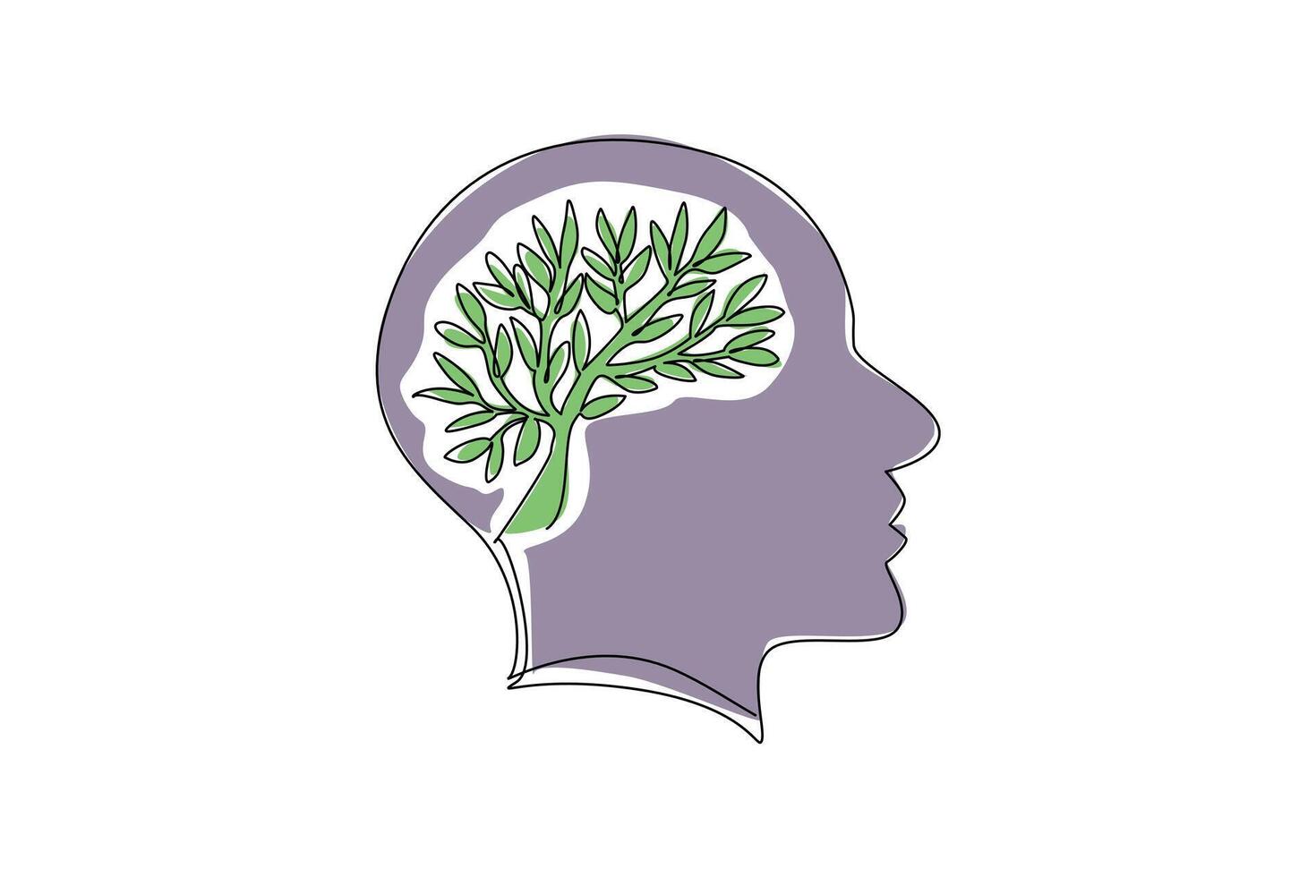 Single continuous line drawing a tree with its trunk and leaves forms a brain inside the head. Developing environmentally friendly crops. Symbolism. Tree Concept. One line design illustration vector