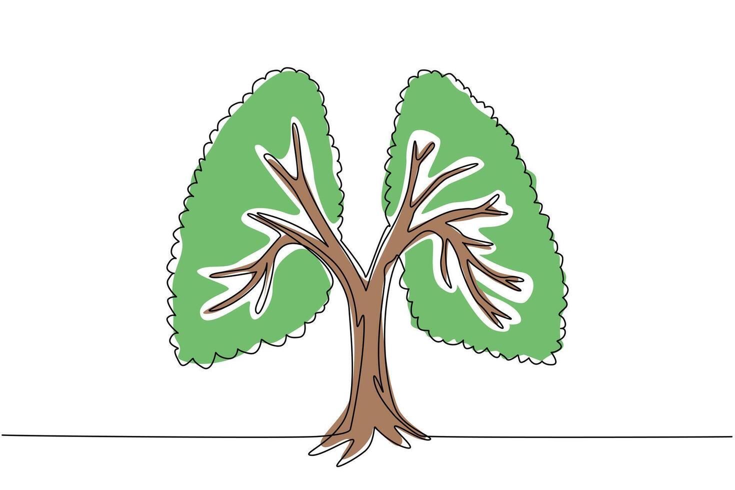Continuous one line drawing large trunked trees have branches with leaves that form lungs. A dense plant that is good for the lungs. Ecology. Tree Concept. Single line draw design illustration vector