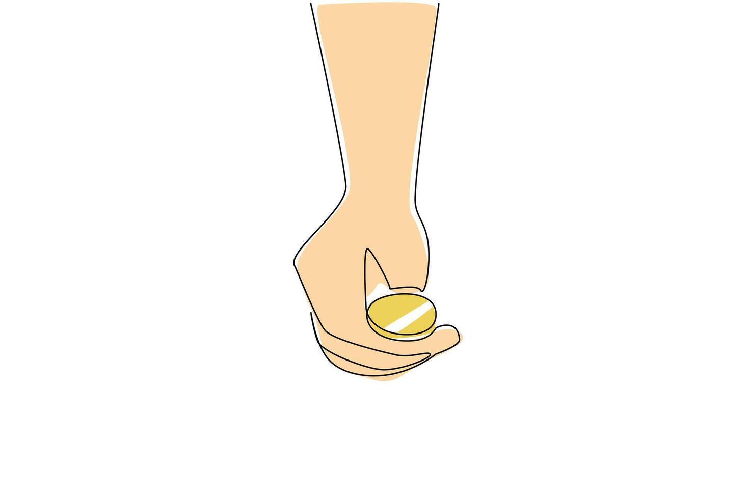 Continuous one line drawing front view, coin placed on top of thumb and index finger. Lucky draw. Determining the first player. Big chance. Flip a Coin Day. Single line draw design illustration vector