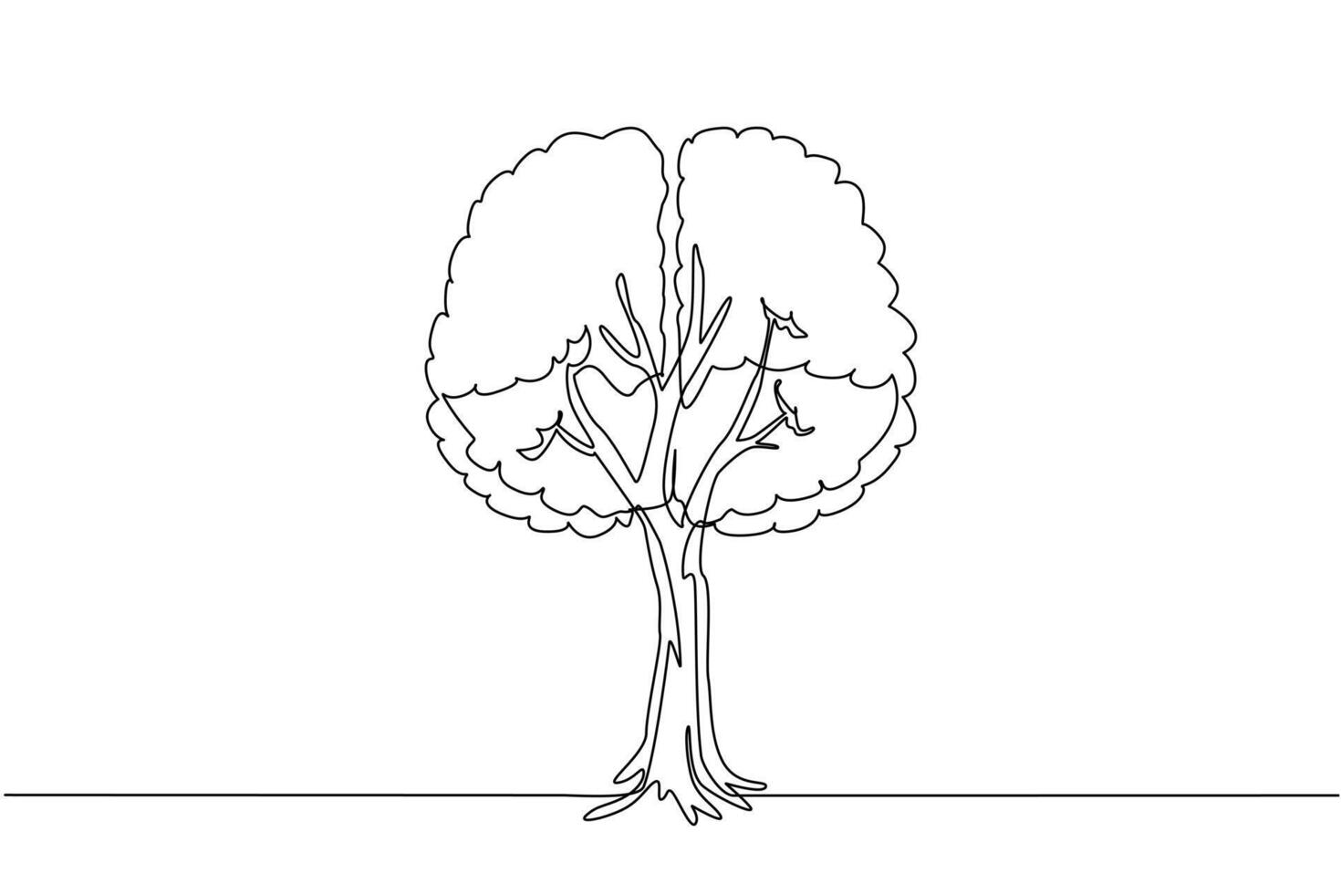 Continuous one line drawing tree with branches and leaves forming a brain top view. Imagination and peace of mind. Clarity of air. Symbol. Tree Concept. Single line draw illustration vector
