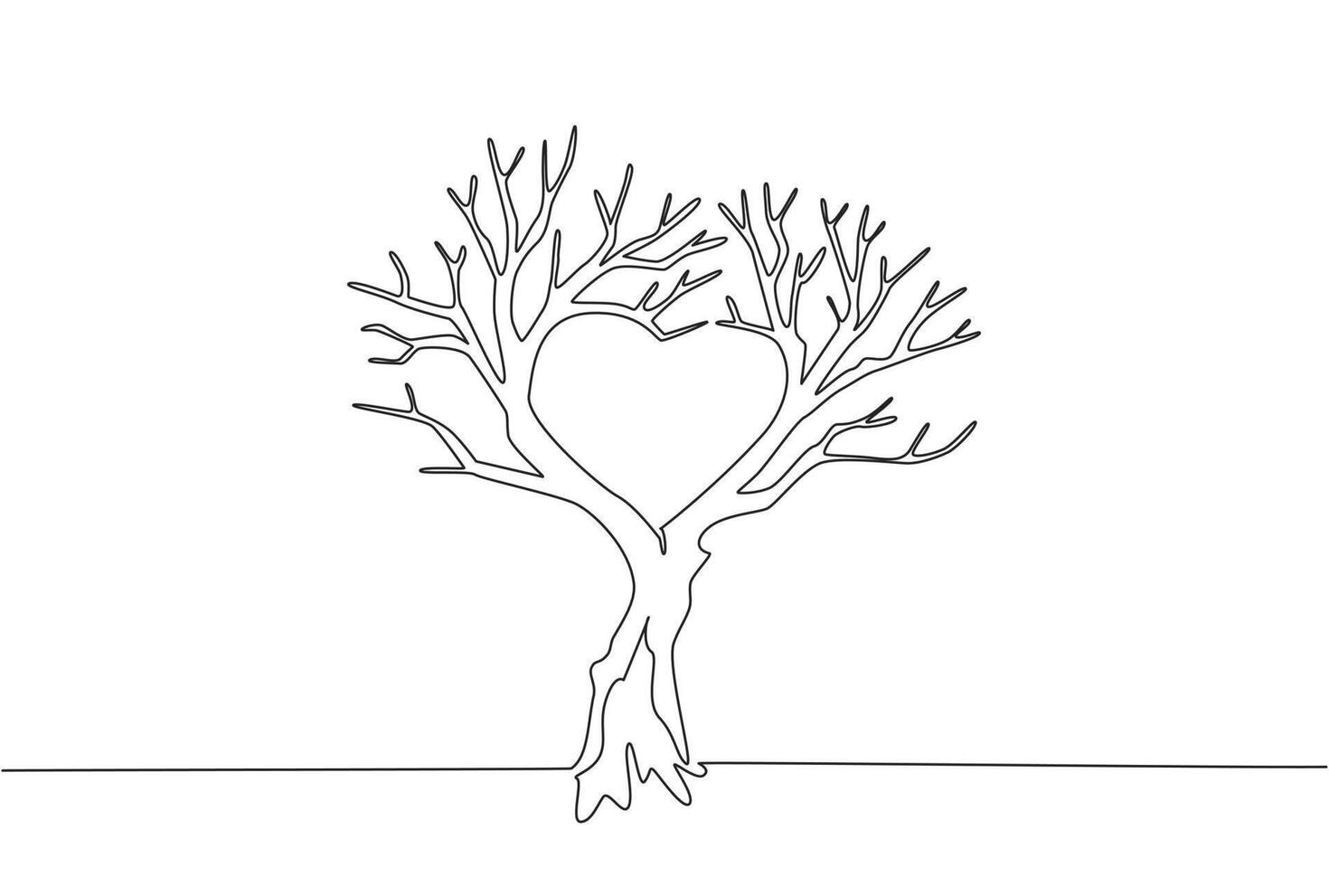 Single one line drawing dry tree with many branches with branches forming a love shape. A symbol of a dead tree. Without love. Environmental. Tree Concept. Continuous line illustration vector