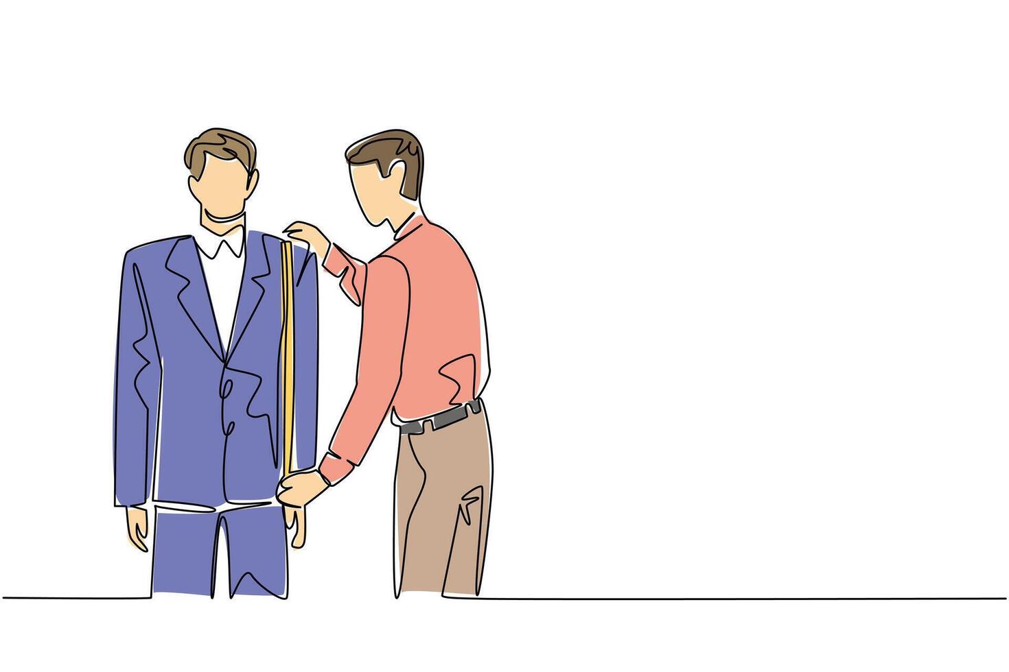 A young man tailor measures client in formal suit using tape in single line drawing style, highlighting business concept of bespoke tailoring and dedication to craft for National Tailors Day. vector
