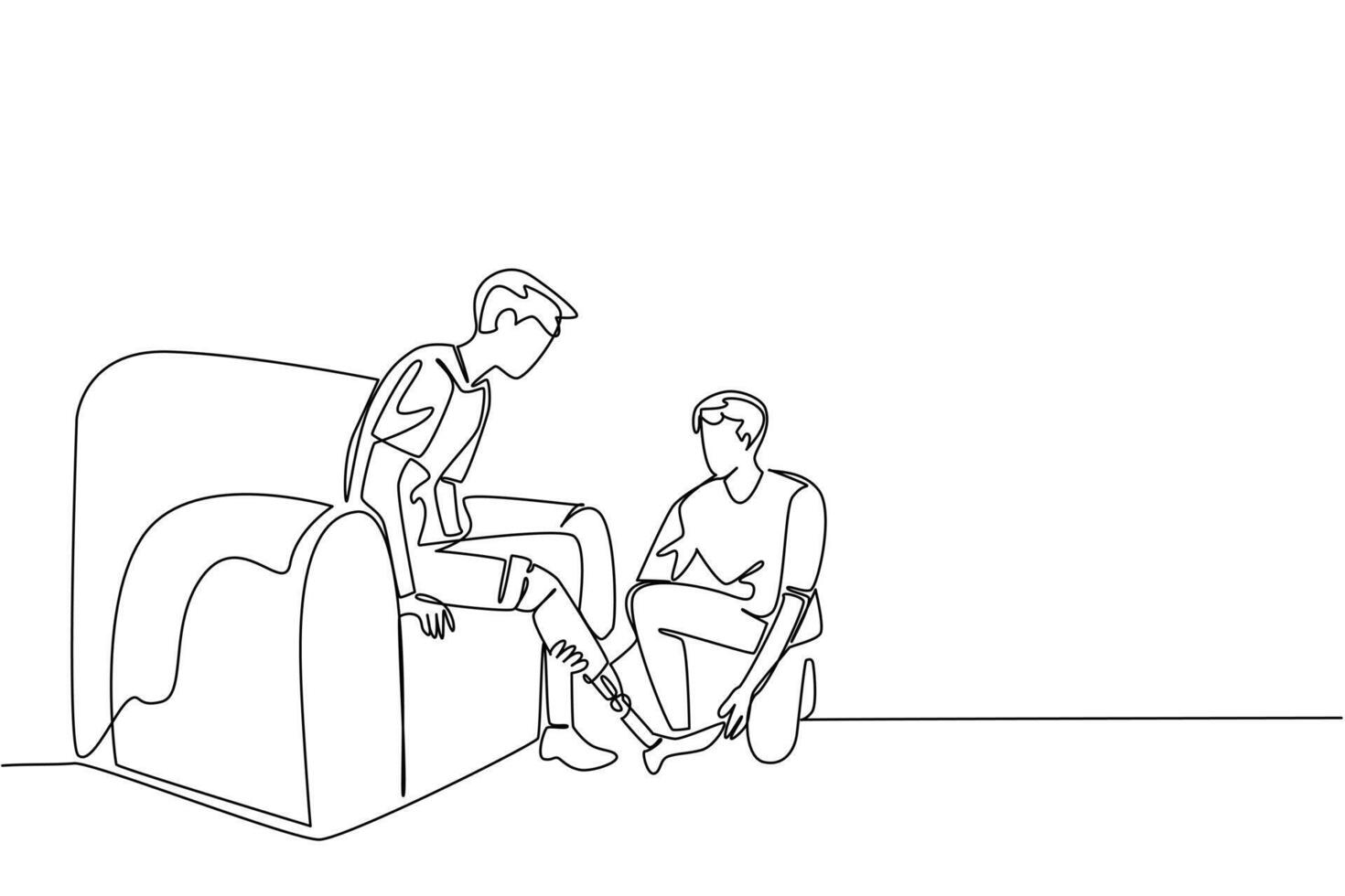 Continuous line drawing illustrating World Day for Assistive Technology, showing a man helping another man with prosthetic leg fitting on sofa. Show support, innovation, and care in health concept. vector