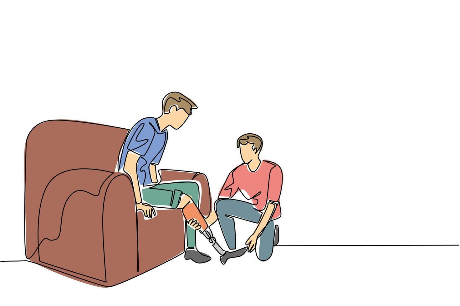 A continuous line draw of a young man on sofa being assisted with a prosthetic leg, representing health concept and inclusivity for World Day for Assistive Technology in minimal illustration style. vector