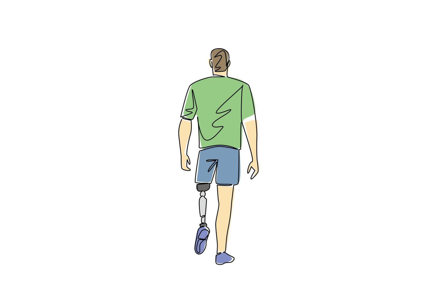 A continuous line drawing of a man with a prosthetic leg walking forward, rear view. Highlighting resilience and assistive technology awareness on World Day for Assistive Technology in health concept. vector