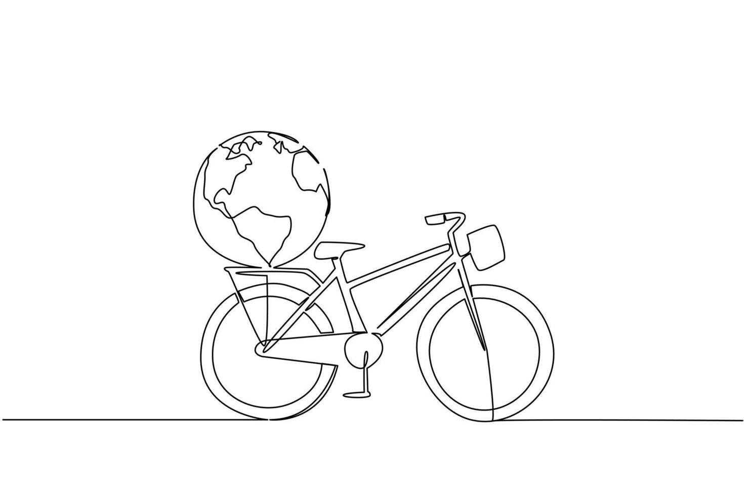 Simple single line drawing of a bicycle carrying a large globe on its back carrier, symbolizing global connection and sustainability for World Bicycle Day in a sport and travel concept. vector