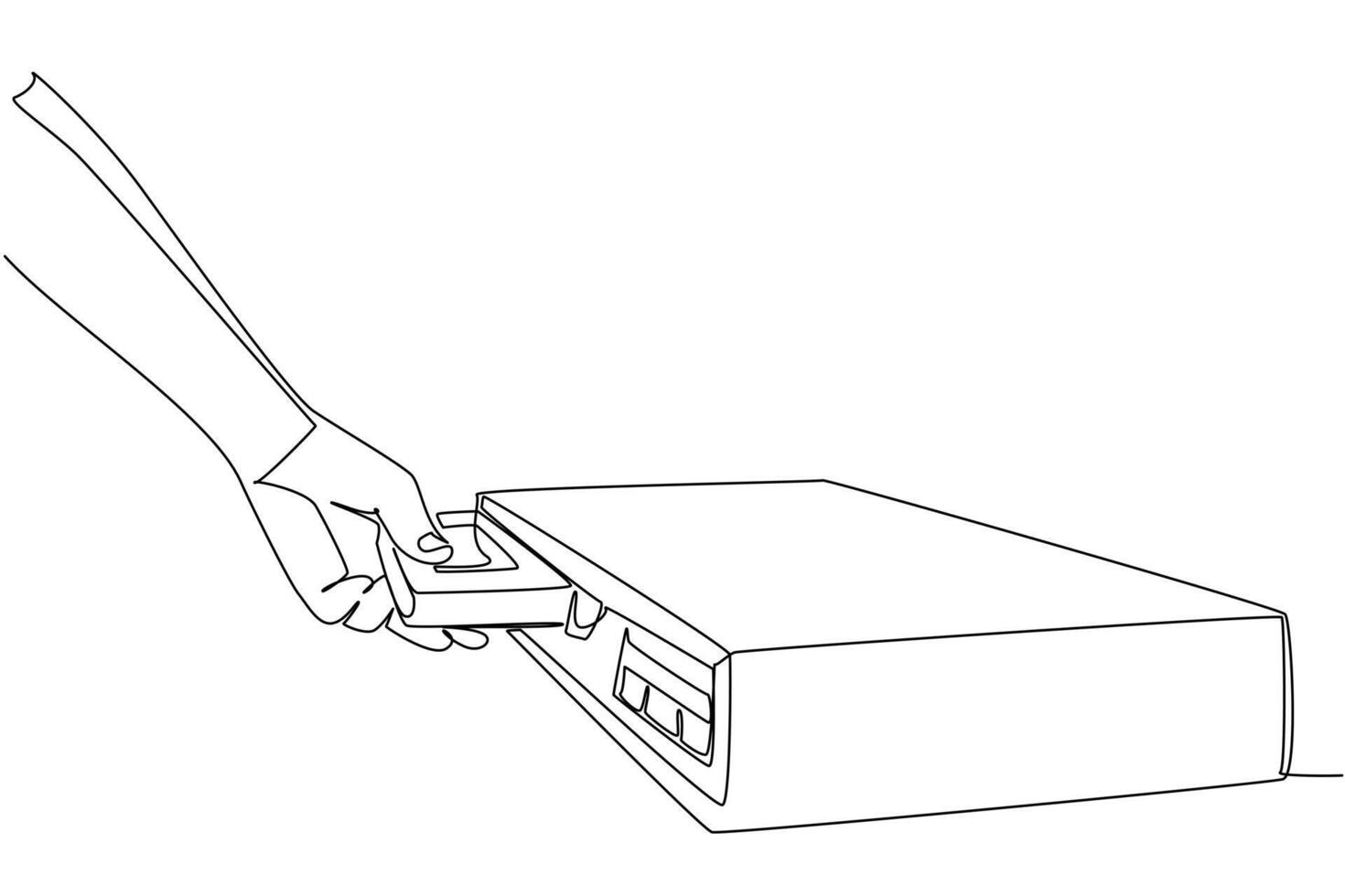 Single line drawing of a VHS cassette being inserted into a VCR player, representing analog technology nostalgia. This industry concept artwork highlights National VCR Day as an international event. vector