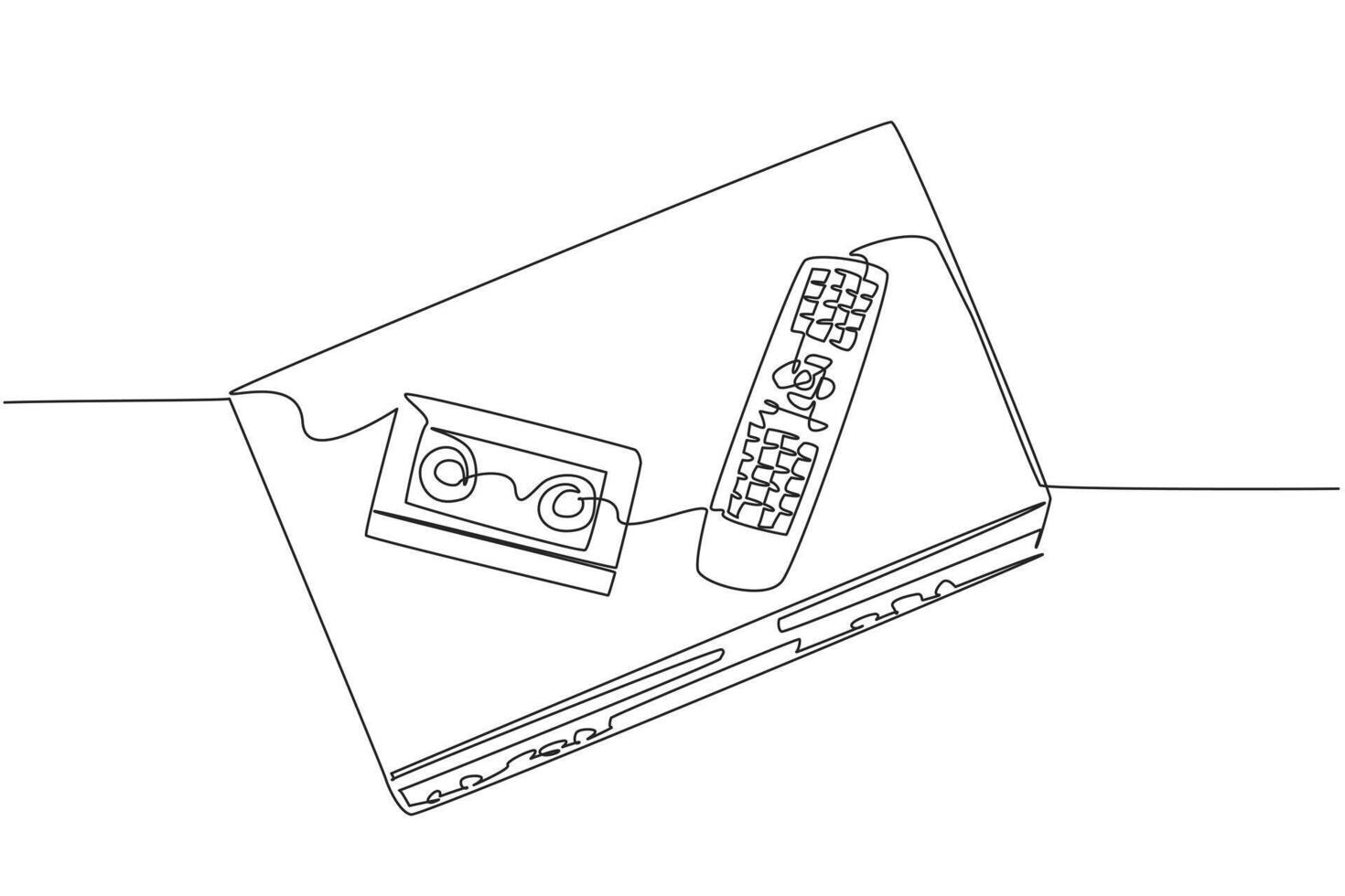 Continuous line drawing of a VCR player with remote control and VHS cassette, showing retro home entertainment. This business concept artwork celebrates National VCR Day as an international event. vector