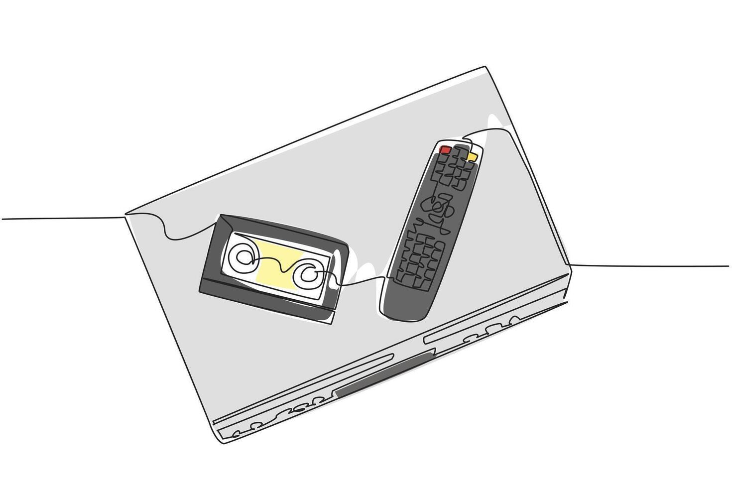 Single line drawing of a VCR machine with remote control and VHS cassette, reflecting media technology concept and analog memory, created for National VCR Day international celebration. vector