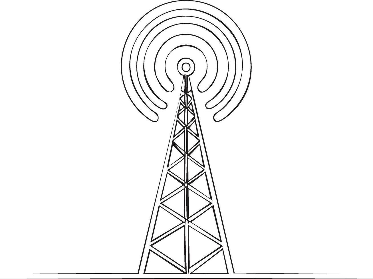 Illustration of an antenna tower sending radio waves, providing communication network, black outline on white background, minimalist design vector