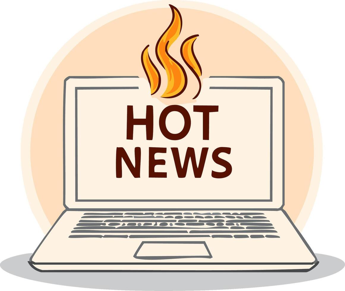Laptop displaying 'Hot News' text, topped by a stylized flame icon, creating a sense of urgency and excitement vector