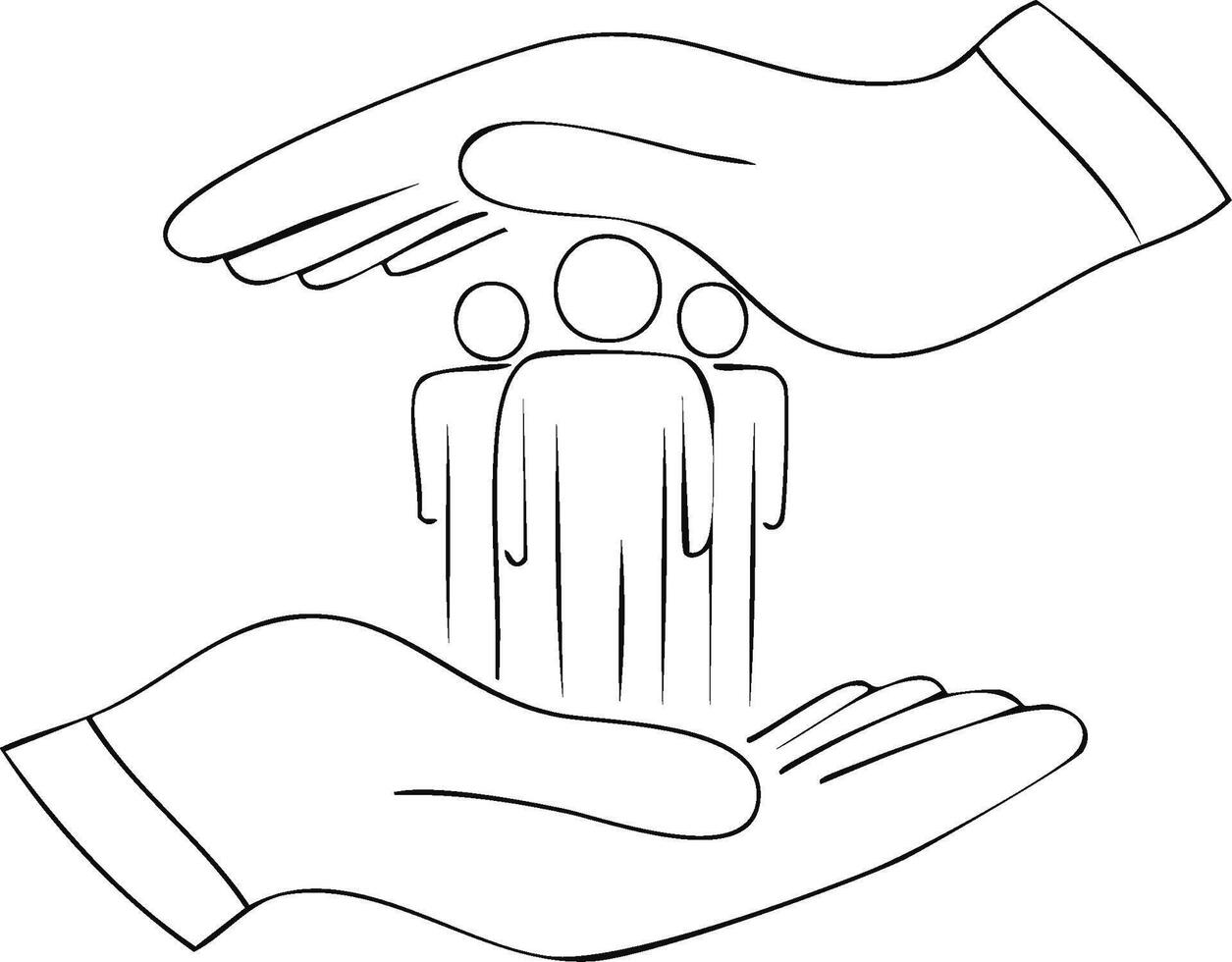 Protective Hands Safeguarding a Group of People Represented by Simplified Line Art for Security and Support Concepts vector