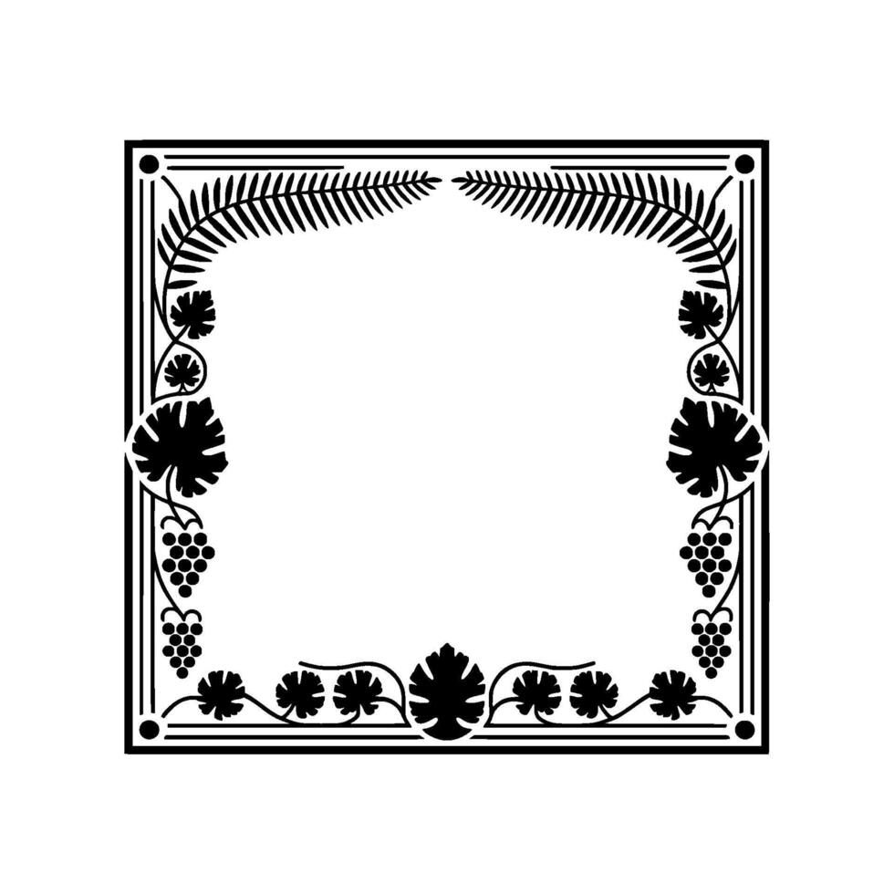 An elegant silhouette border featuring lush grapevines with clusters of grapes and delicate fern fronds framing a central empty space vector