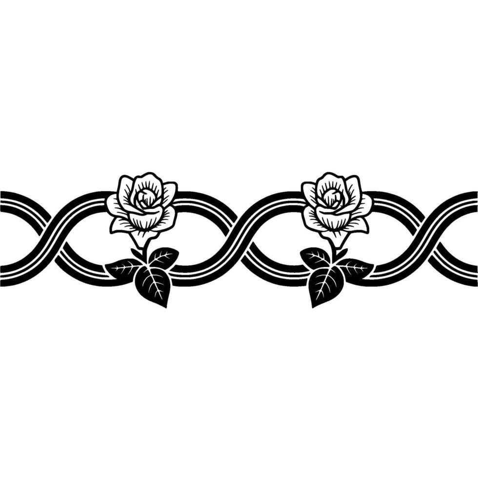 An elegant illustration of a repeating ornamental border featuring stylized roses intertwined with smooth flowing curves and double lines vector