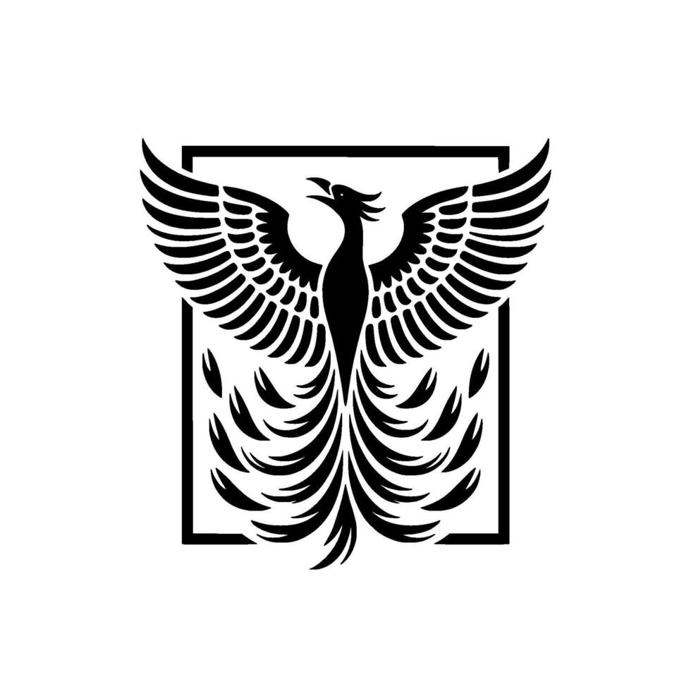 silhouette of a stylized mythical phoenix with wings outstretched and elaborate tail feathers centered within a square frame vector