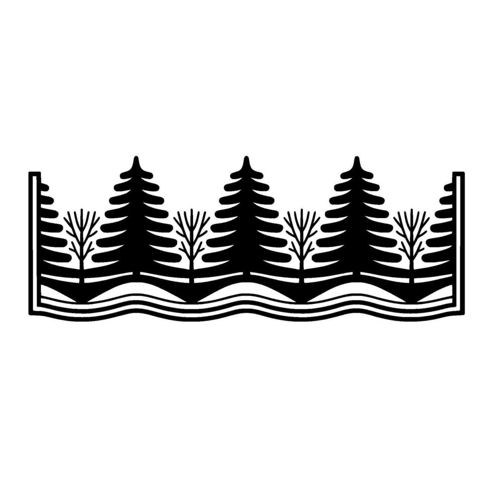 Stylized silhouette border featuring evergreen trees and bare deciduous trees above wavy lines evoking a forest landscape suitable for elements vector