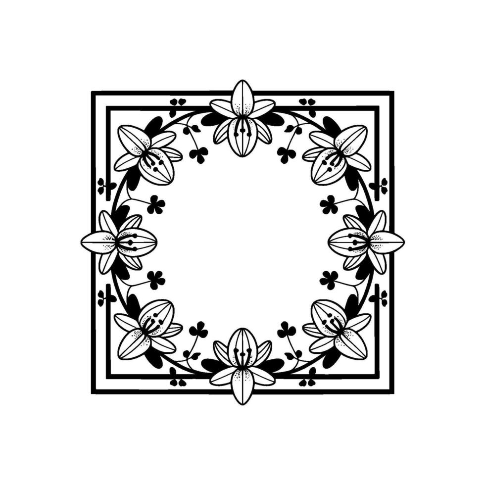 An elegant linear illustration of a square frame adorned with stylized lilies and small floral accents creating a decorative border vector