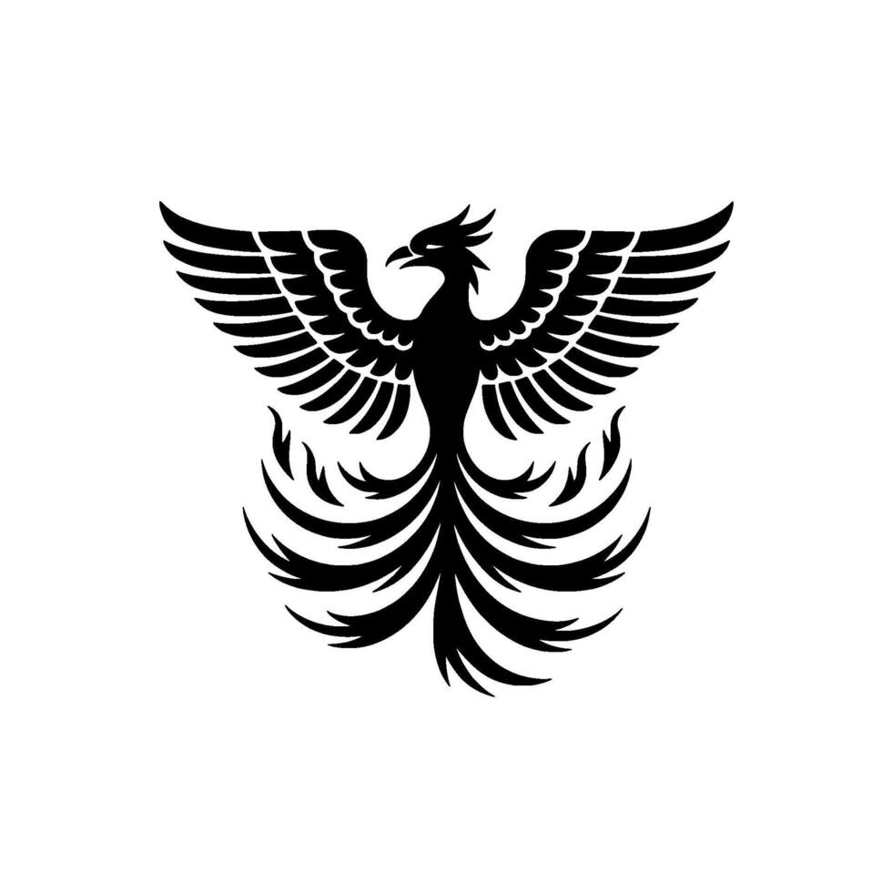A striking silhouette of a mythical phoenix bird with spread wings and flowing tail feathers vector