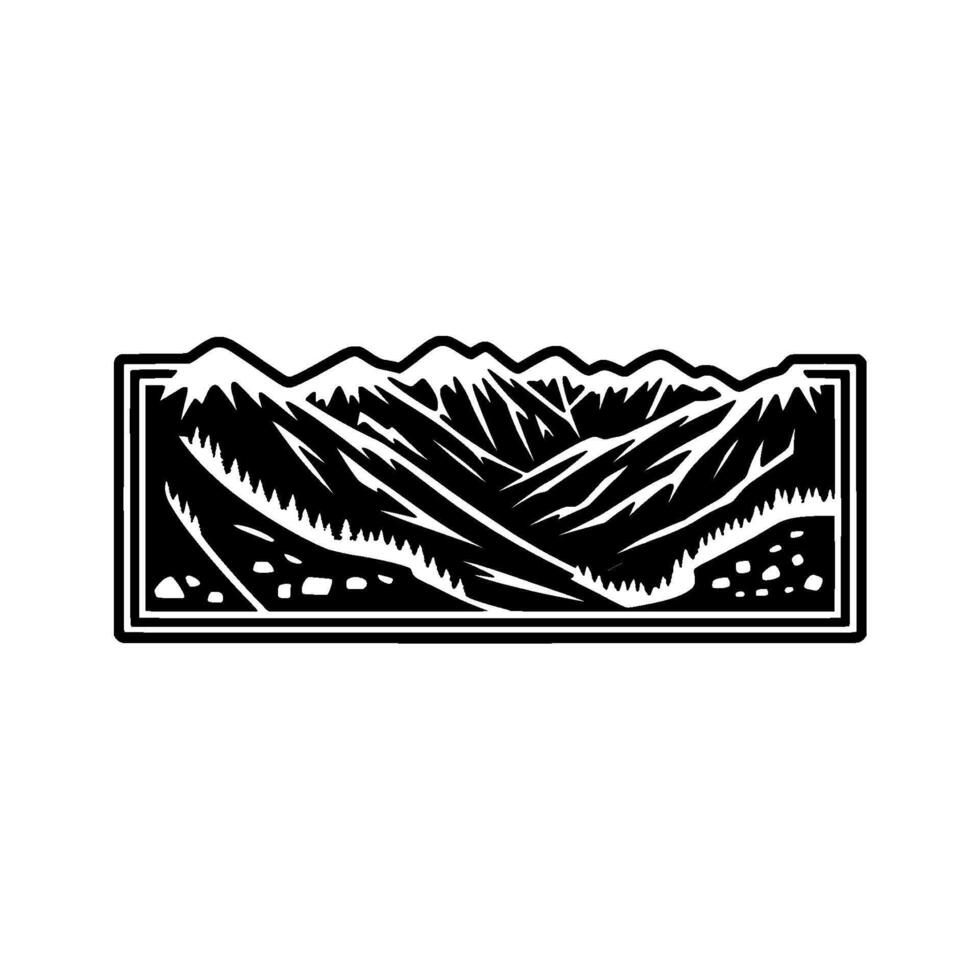 Detailed stylized illustration of a jagged mountain range with pine trees and rocky outcrops within a rectangular frame isolated vector