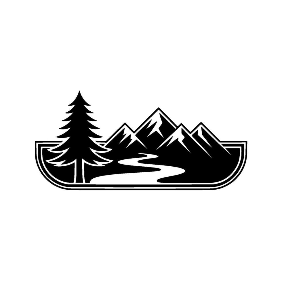 silhouette of a winding river flowing through jagged snow capped mountains next to a tall pine tree within a bold rounded rectangular frame vector
