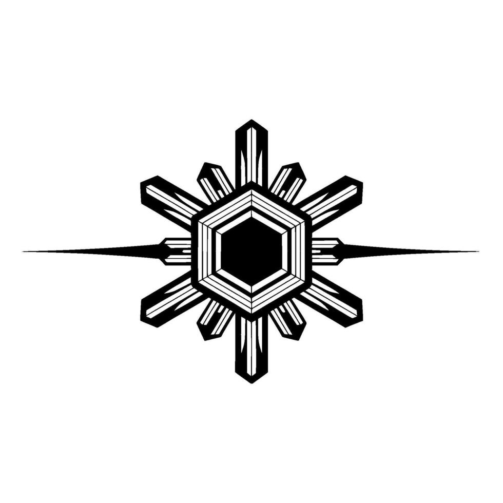 A minimalist geometric emblem representing the sun with sharp rays and a hexagonal core vector