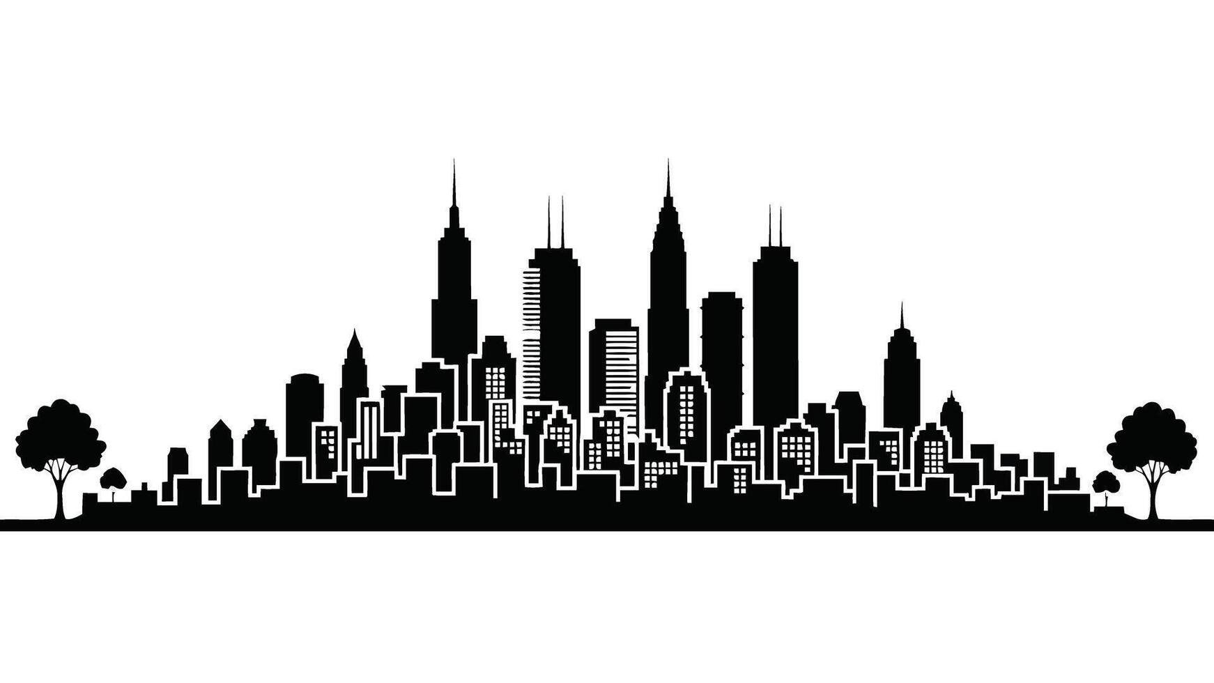 Resilient architecture silhouette Black silhouette of a city skyline with trees on a white background urban architecture vector