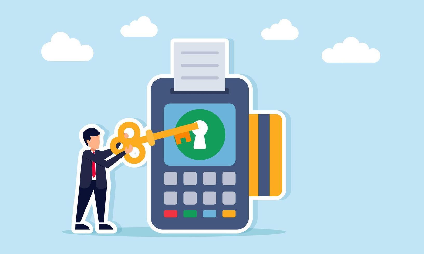 Businessman inserting a key into an EDC machine keyhole illustrating the security level of business investment data vector