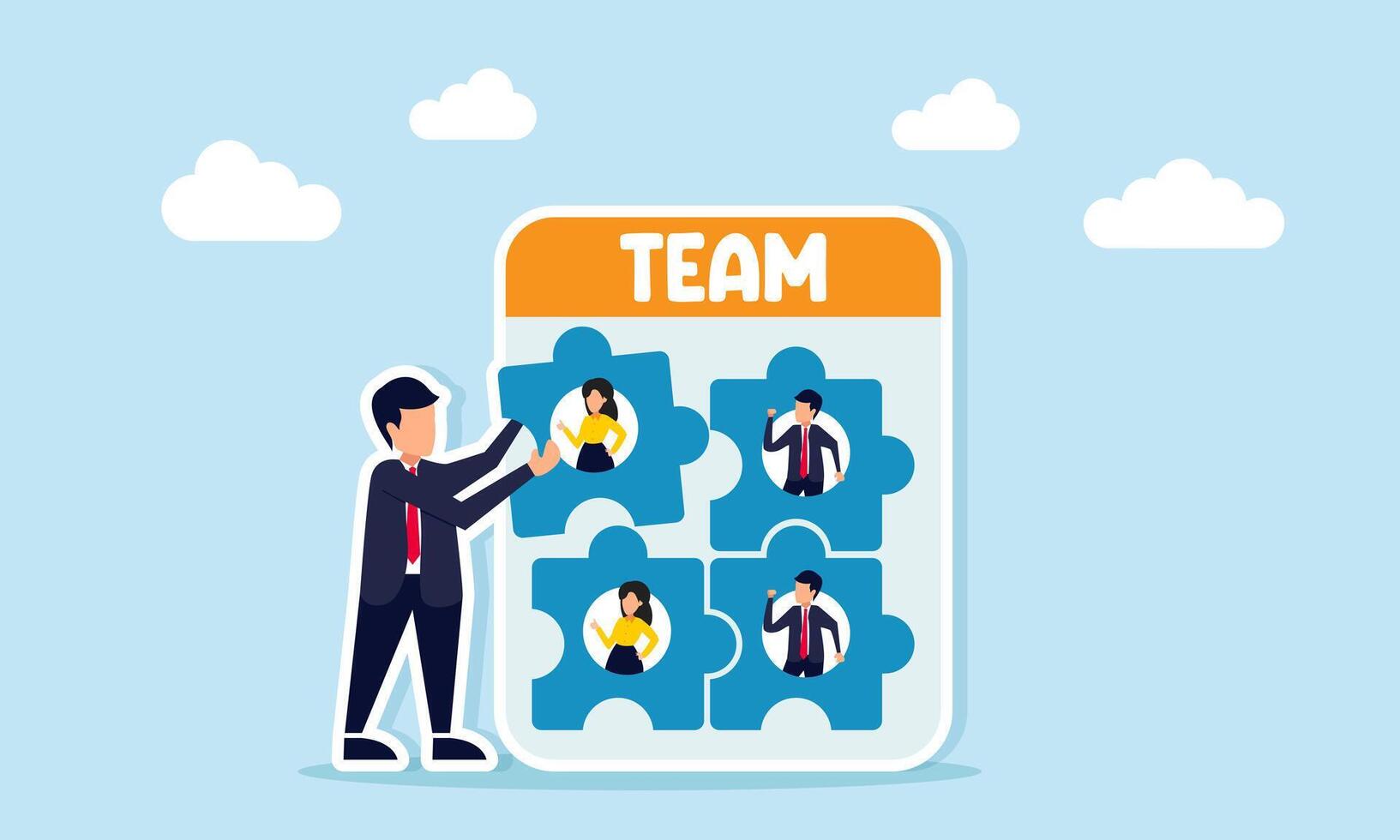 Businessman assembling a team themed puzzle with a businessman on each piece illustrating a business owner designing and building the best team vector