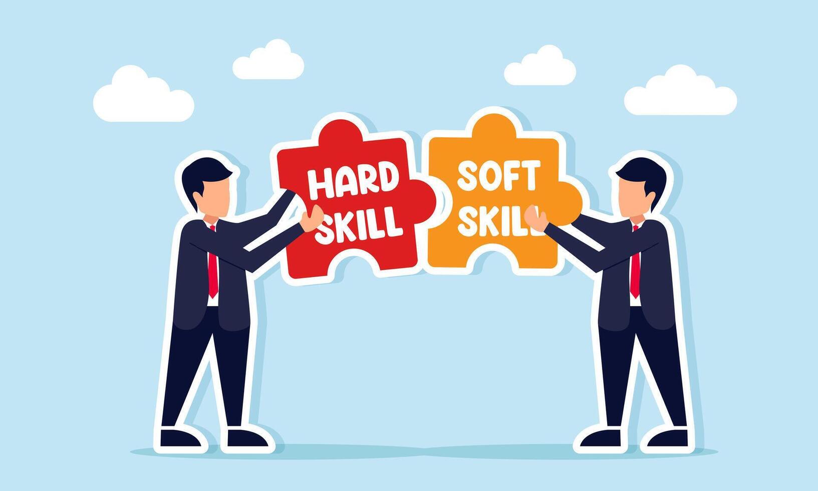 Businessmen holding puzzle pieces labeled Hard Skill and Soft Skill illustrating the importance of balancing technical abilities and interpersonal skills vector