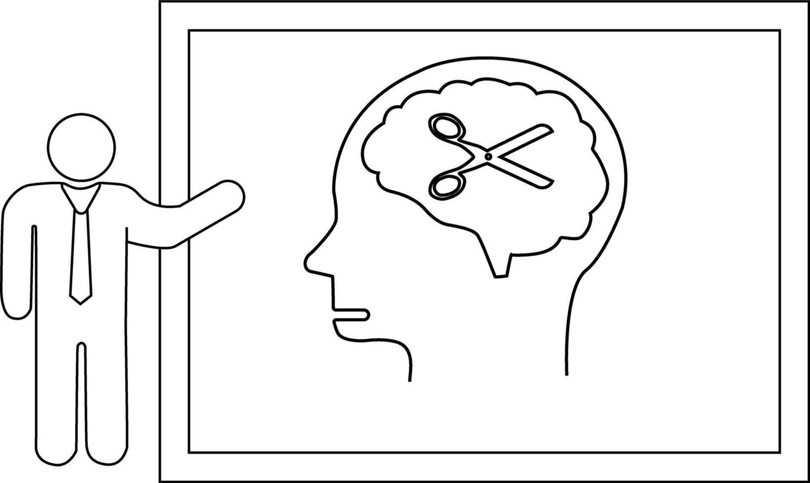 Simple line art of person presenting brain diagram with scissors vector