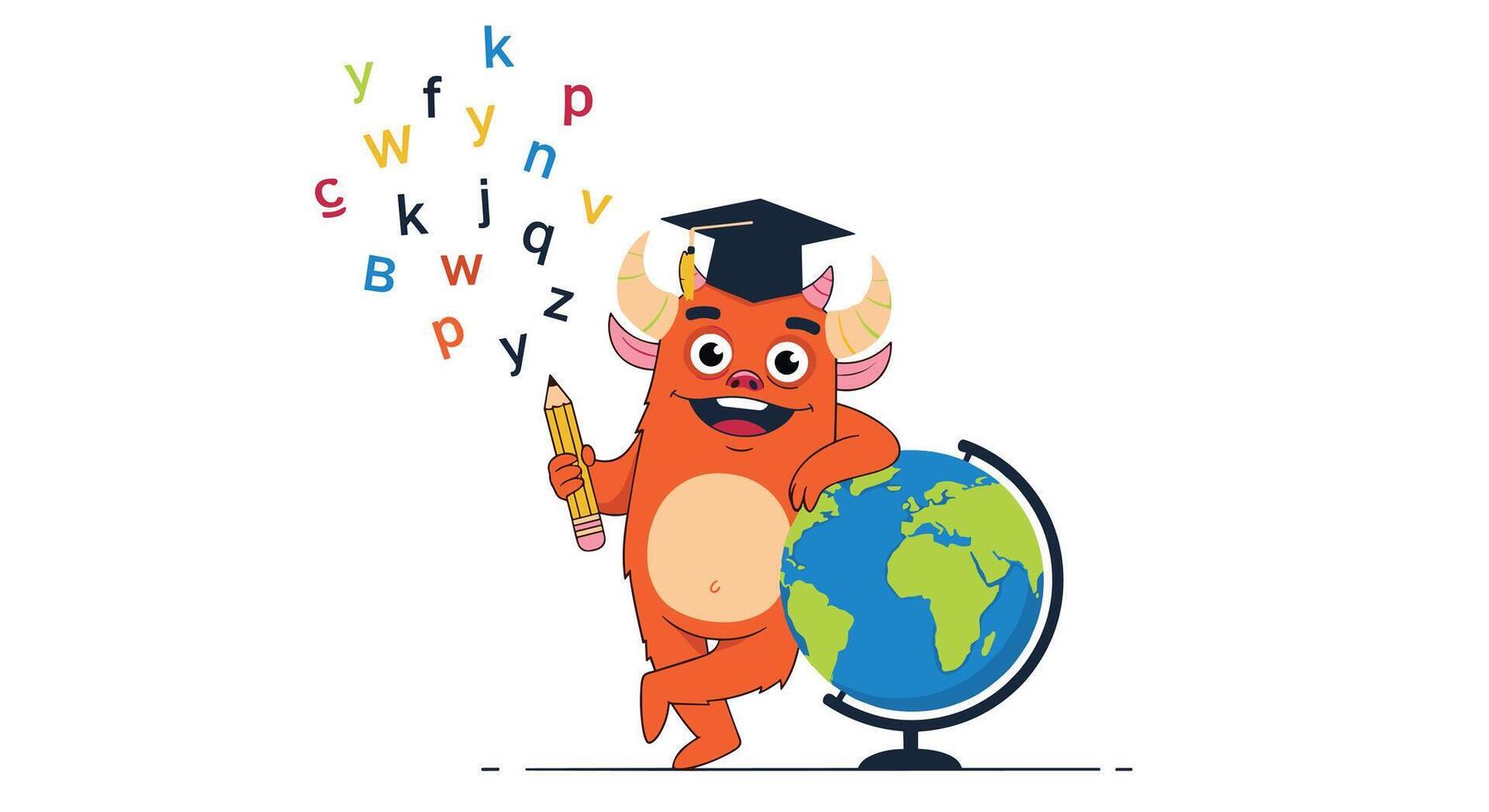A smart and happy orange monster with a graduation cap and a pencil leans on a globe with letters floating around him. vector
