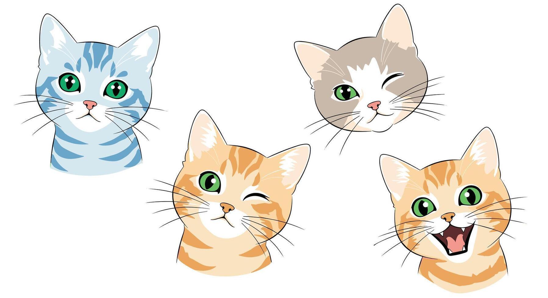 A collection of four adorable and expressive cartoon cat faces with different colors and emotions like winking and smiling. vector