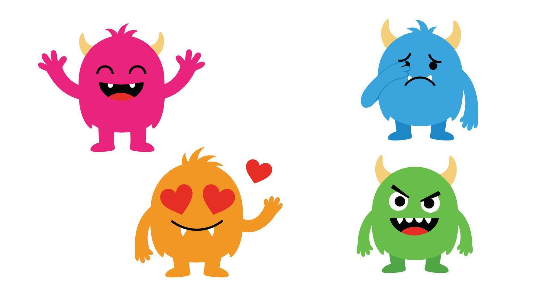 Set of four colorful and expressive monster characters showing different emotions including happy sad in love and angry actions. vector
