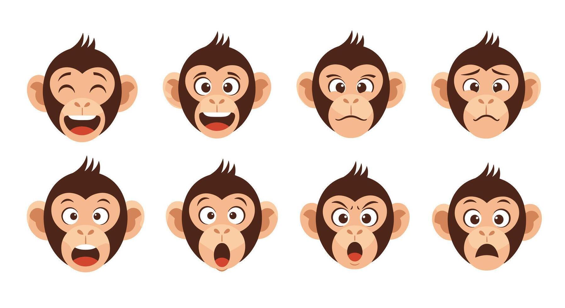 Set of eight cartoon monkey head emojis showing a wide range of different facial expressions from happy and sad to angry and surprised. vector