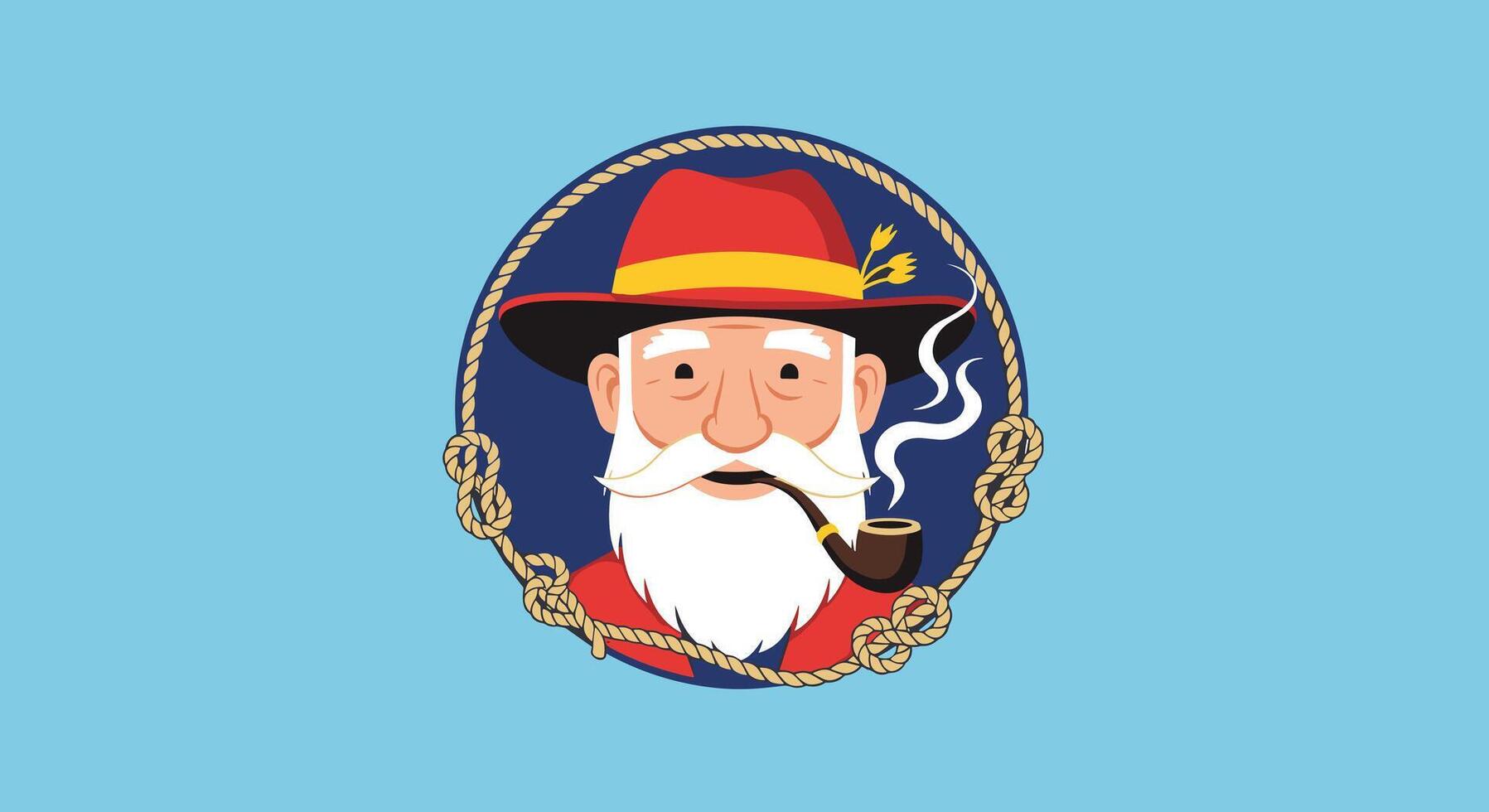 Portrait of an old sailor or fisherman with a white beard smoking a pipe inside a circular rope frame on a blue background. vector