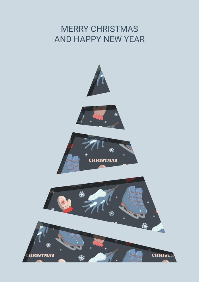 Holiday greeting card with Merry Christmas and Happy New Year and stylized tree made of festive triangle segments featuring winter icons skates, mittens, snowflakes, and branches on dark background vector