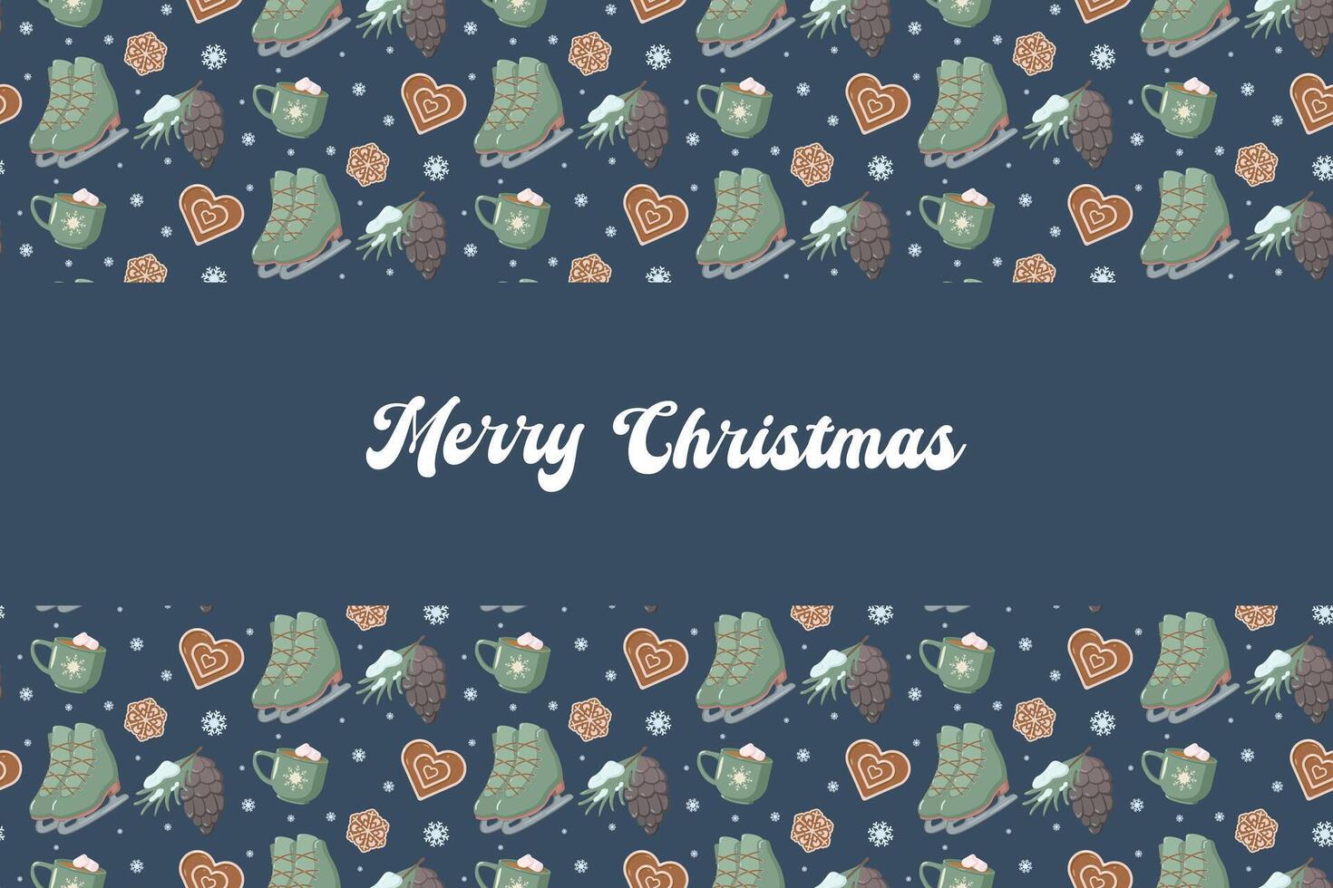 Christmas design with Merry Christmas text in white cursive font on dark blue background. Surrounded by festive pattern of ice skates, pinecones, cocoa mugs, cookies, and snowflakes vector
