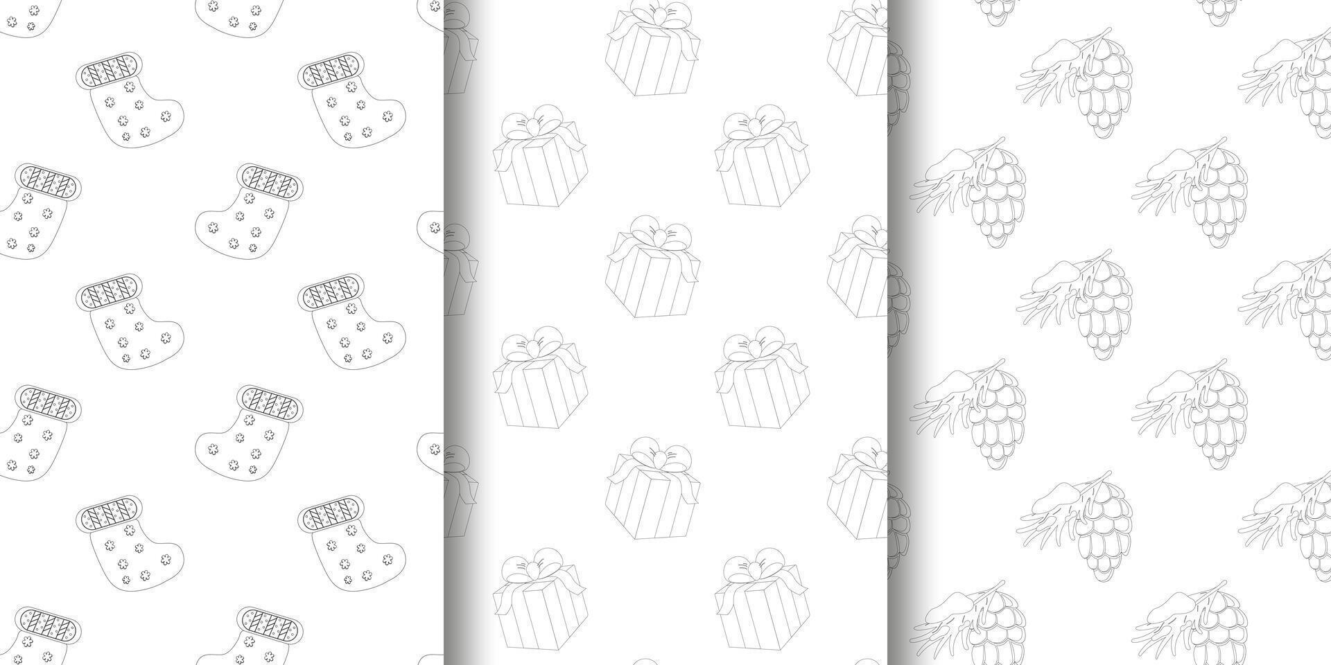 Three seamless patterns Christmas stockings with floral details, gift boxes with bows, and grape clusters in line art. Vertical layout for wrapping paper, textiles, and seasonal crafts vector