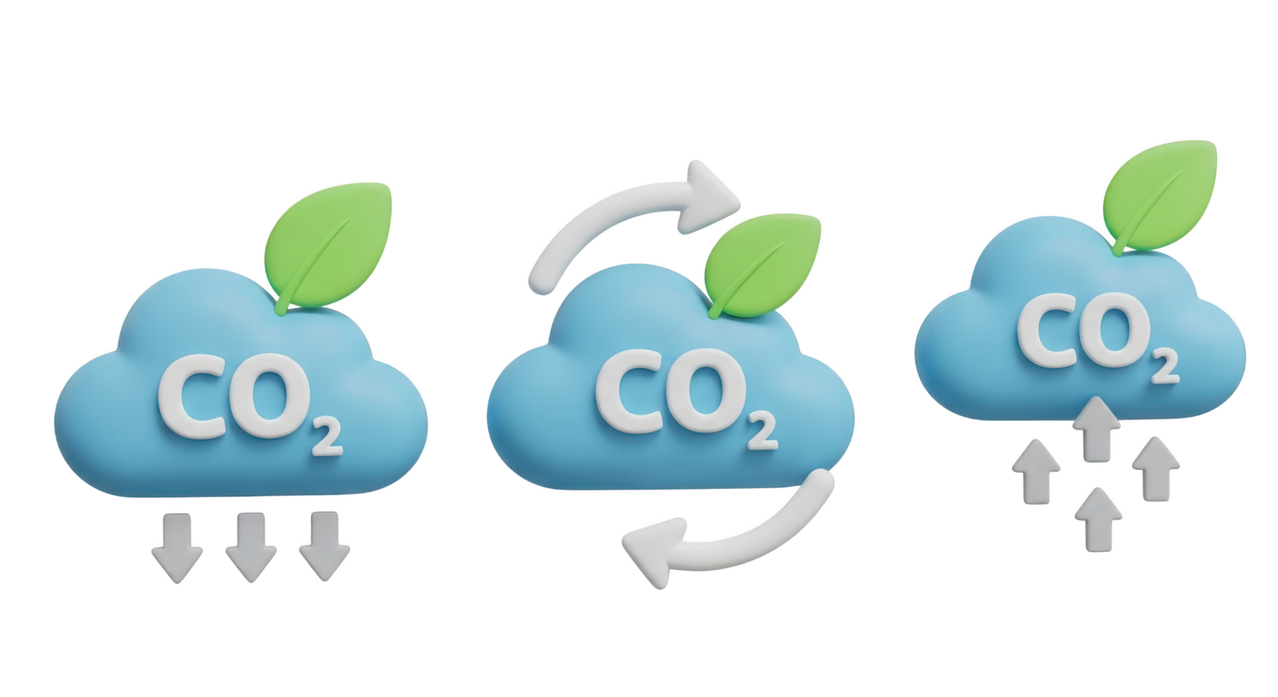 Three blue clouds with C O2 text and leaves isolated on a transparent background carbon dioxide png
