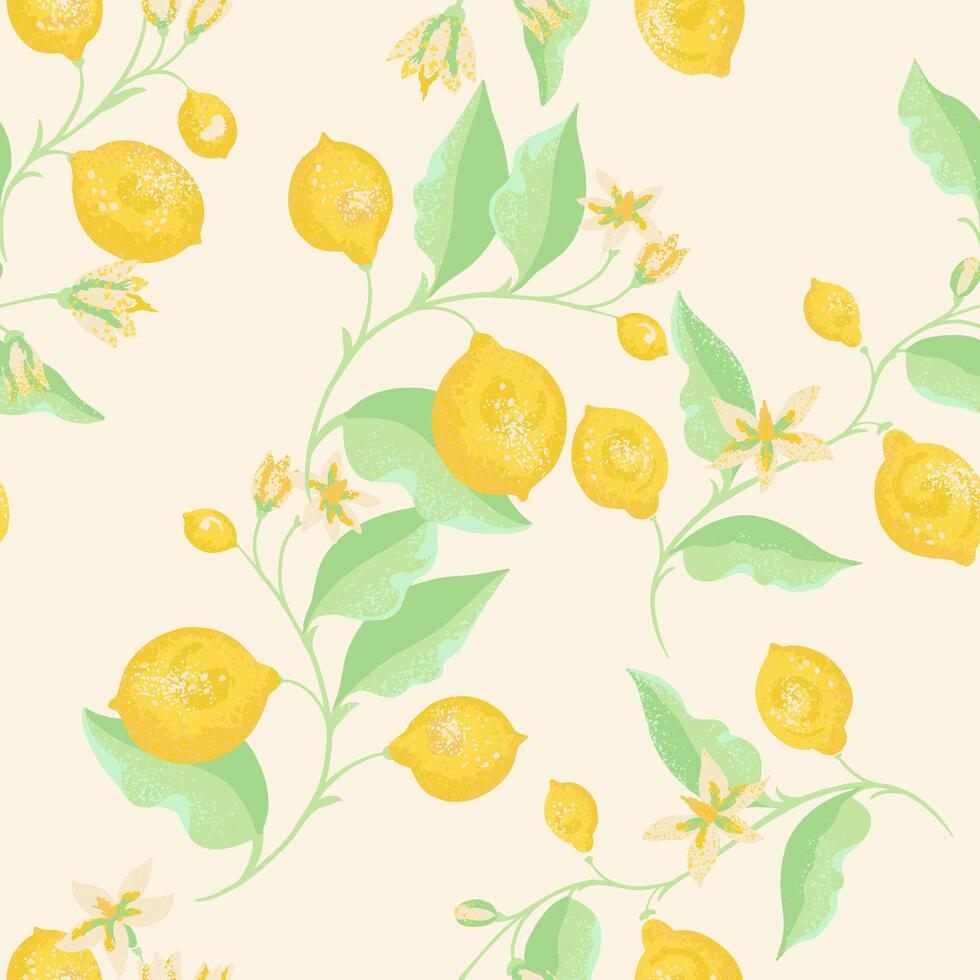 Seamless pattern with bright yellow lemons, fresh green leaves and delicate blossoms on a light cream background. Soft textured details create a lively, summery botanical design vector