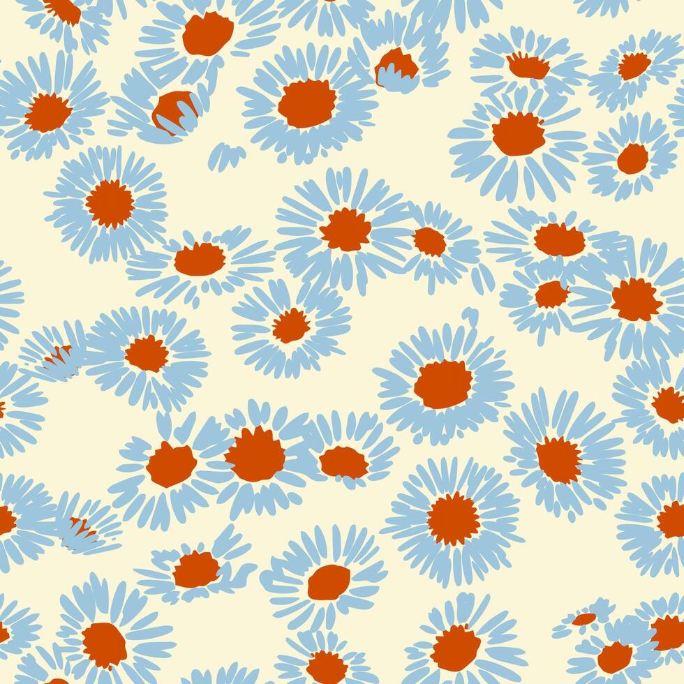Seamless floral pattern with scattered chamomile like blooms in soft blue and warm orange centers on a light background, creating a bright, cheerful and playful botanical design vector