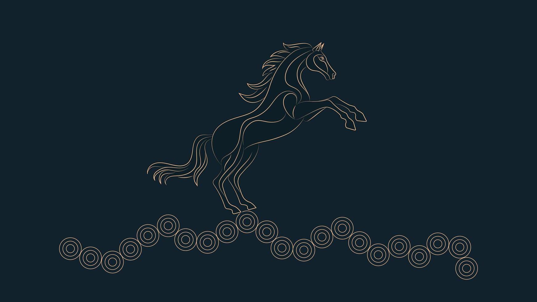 Lunar New Year Background Design with Minimalist Line Art Horse Illustration with Gold Outline and Circular Pattern vector