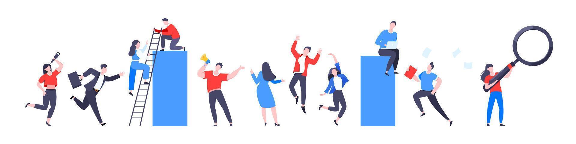 Teamwork concept tiny people characters working together business concepts elements set vector