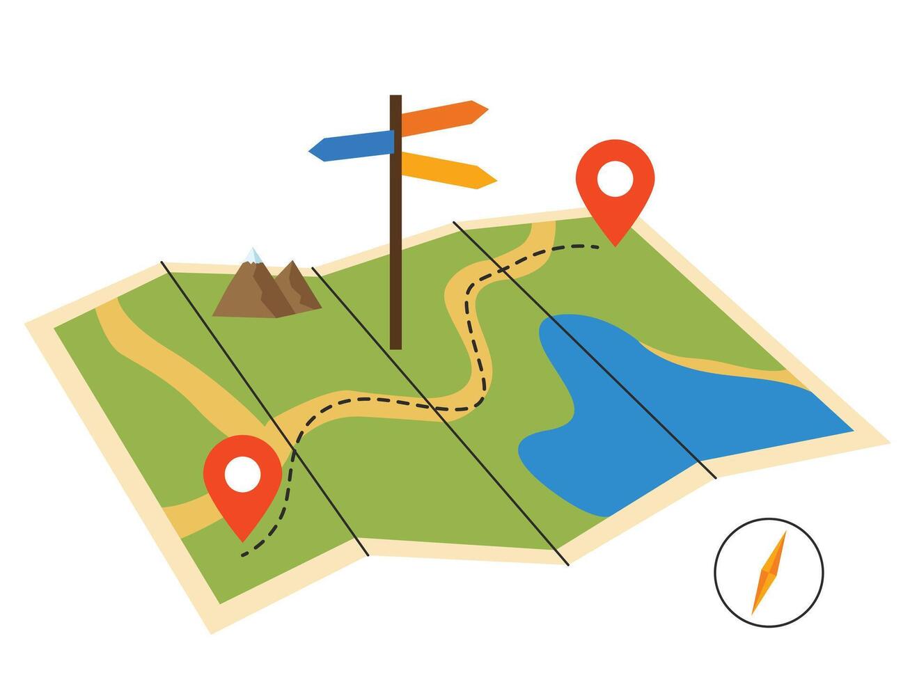 Route on the map, map with pin location and arrow direction vector