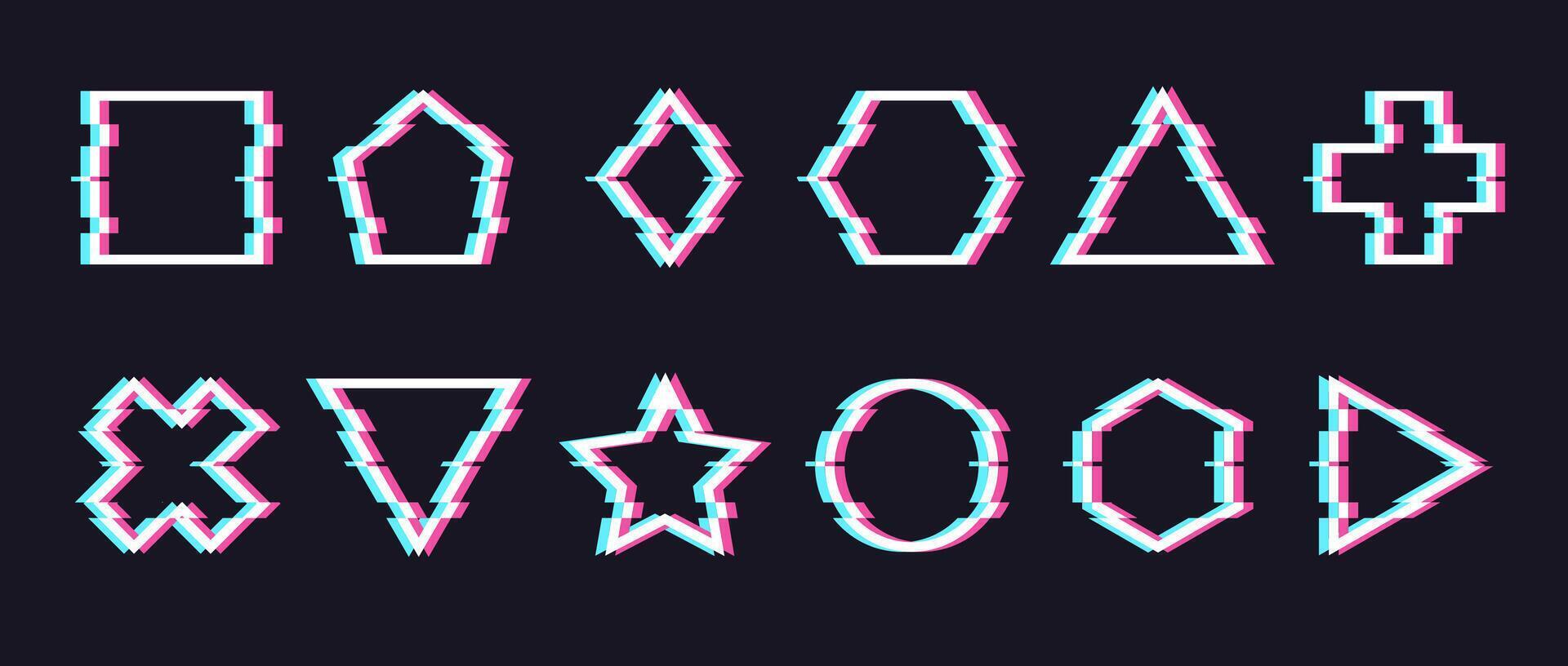 Glitch effect icons set. Collection of geometric shapes with glitch effect. Glitch of noise shapes. vector