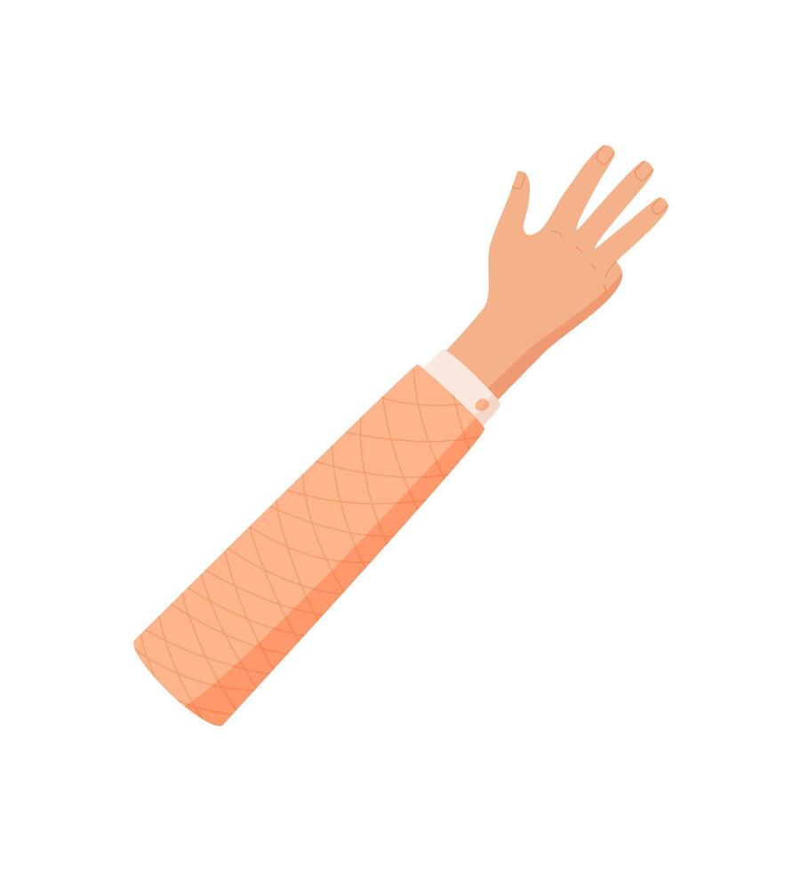 Flat hand gesture with palm facing up and four fingers raised. Human hand expresses number four in a counting position. Clothed arm with sleeve, isolated on white background, suitable for educational vector