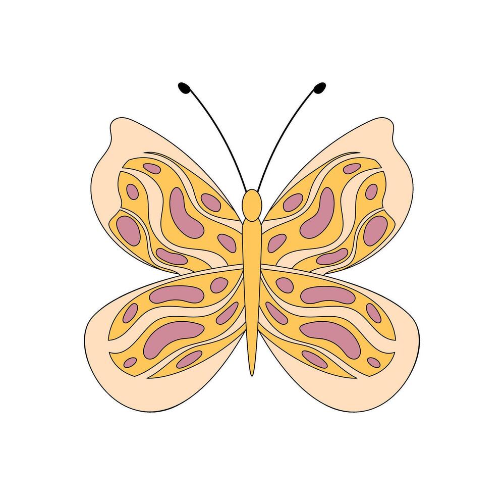 Groovy retro butterfly in 70s funky style with pink and yellow abstract shape. Hippie icon and colorful cartoon groovy element, ideal for trendy y2k pop concepts bold cheerful art themes. vector