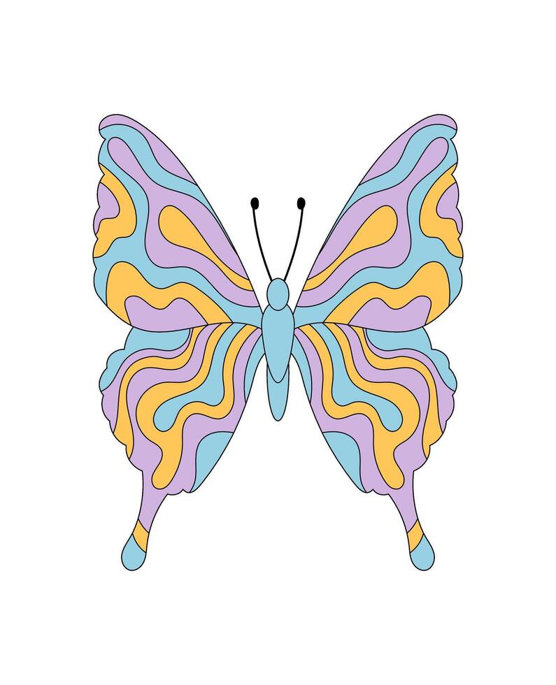 Groovy retro butterfly with wavy colorful and psychedelic shapes. Funky graphic as a nature symbol and y2k groovy element for modern, trendy design creative projects. vector